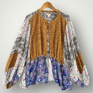 Boho Patchwork Floral Blouse in Mustard